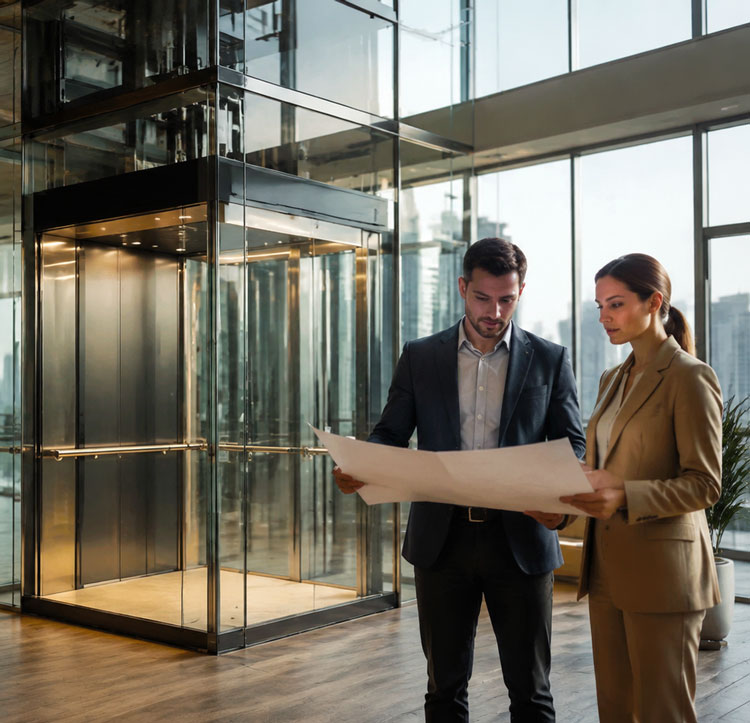 Equipo de ventas de Kelevator discutiendo un proyecto de elevador
